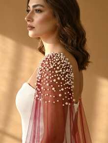 1 Pair Burgundy Sheer Pearl Shawl, Fashionable Wedding Dress Shoulder Cover, Arm Slimming - Multicolor - View 6