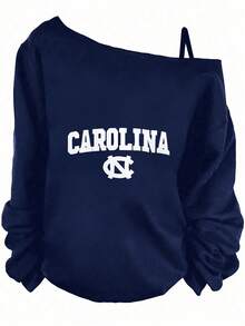 Carolina NC Off The Shoulder Sweatshirt - Long Sleeve, Gathered Cuff, White Bold Text & Logo, Casual Sporty Team Spirit Top For Fans - Màu xanh hải quân - Xem 1