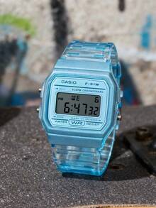 Casio 女士Y2K风格蓝色数字透明树脂表带可爱方形夏季手表 F-91WS-2 - 淺藍色 - 查看 6