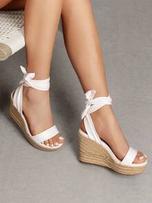 Womens Open Toe Espadrilles Wedges Tie Lace Up Cute Ankle Strap Platform Sandals Dressy Shoes - trắng - Xem 1