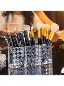 奢华菱形图案加厚透明三格化妆品收纳盒，亚克力笔筒刷子铅笔收纳盒 - 塑料材质，轻巧便携，无需电源，桌面化妆刷铅笔收纳盒 - 無色 - 查看 9