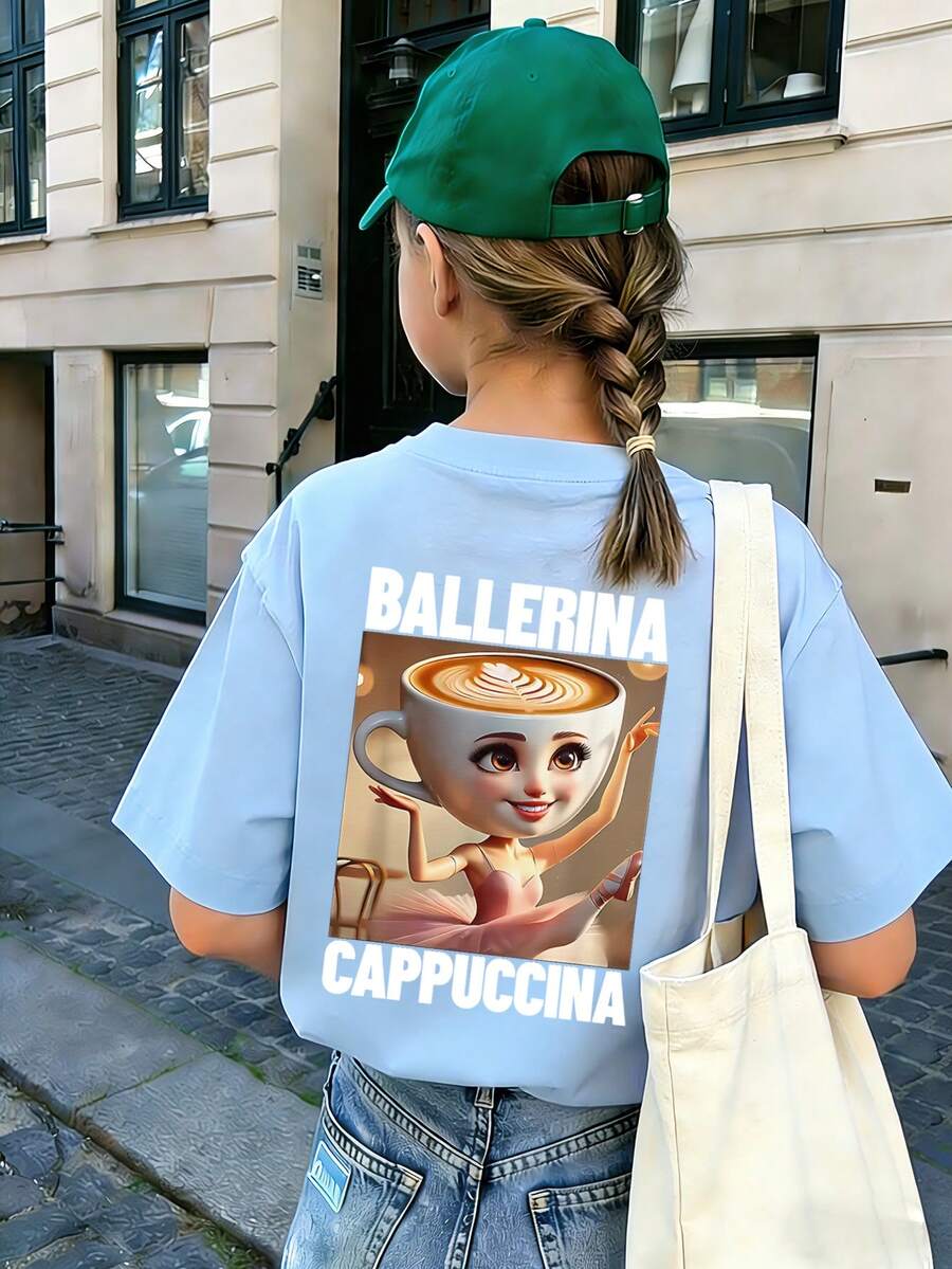 Tween Girl 休闲趣味“意大利 Brainrot Coffee Ballerina”图案印花圆领短袖 T 恤，夏季上衣 - 淺藍色 - 查看 1