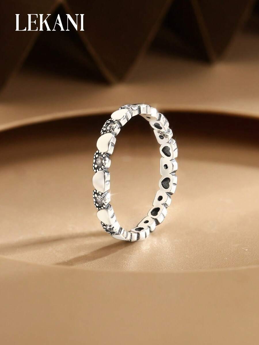 1pc S925 Sterling Silver Ring, Summer Commemorative American Gift, Silver Band Ring With Heart-Shaped Rhinestone, Women's Jewelry Accessory, Silver Jewelry, Gift For Mother, Girlfriend, Daily Elegant Gift - White - View 1