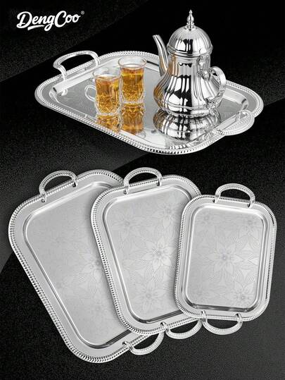 Dengcoo 1pc/3pcs Silver Patterned Tray With Handle, Suitable For Serving Plates, Jewelry & Cosmetic Trays, Coffee Corner Decor, Applicable For Bedroom, Living Room, Office, Hotel, Afternoon Tea, Family Gathering, Holiday Gift