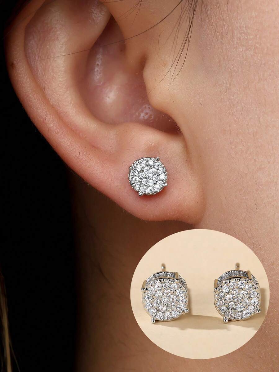 2pcs Women's Full Zirconia Stud Earrings, Suitable For Couples - Earring - View 1