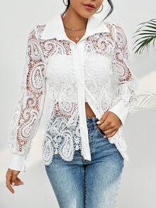 Summer Blouse With Floral Guipure Lace, Long Sleeves, And A High Neck. - White - View 4