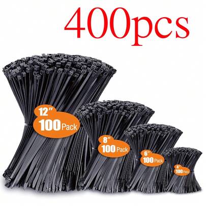 200/300/400pcs Heavy Duty Nylon Cable Ties Kit - Multi-Size (4/6/8/10 Inch) Self-Locking Zip Ties, 50lbs Tensile Strength, For Indoor & Outdoor Use, Suitable For Home, Office, Garden, Studio Cable Management, Trellis & Bundling, Gardening Tools Accessories, Heavy Duty Cable Ties, Office Wire Organizer, Automotive Repair Supplies, Travel Essentials