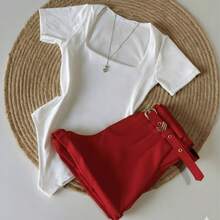 Set Of 1 White Square Neck Bodysuit + Tailored Shorts With Belt - Fashion Blogger Inspiration - 2026 - White/Red - View 3