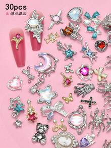 30 Stück sortierte Legierungs-Nagelkunst-Charms, Gothic & Kawaii-Goth Fusion Nageldekoration, DIY Nagel-Accessoires mit zufälliger Mischung aus Herzen, Spinnen, Totenschädeln, Schmetterlingen, Schleifen, Y2K Nagelkunst Edelsteine - Verschiedenfarbig - Übersicht 4
