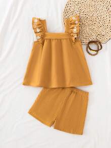 2pcs Baby Girl Outfit, Yellow White Silhouette Print Ruffle Trim Sleeveless Top And Yellow Shorts Set, Spring/Summer - Yellow - View 3