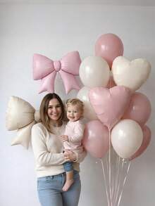 Pink & Beige Bow Heart Shaped Balloons, Pink Baby Pink Cream White Latex Balloons, Giant Bow Helium Foil Balloons, 18 Inch Heart Shaped Balloons, Girl Birthday Engagement Party - Multicolor - View 5