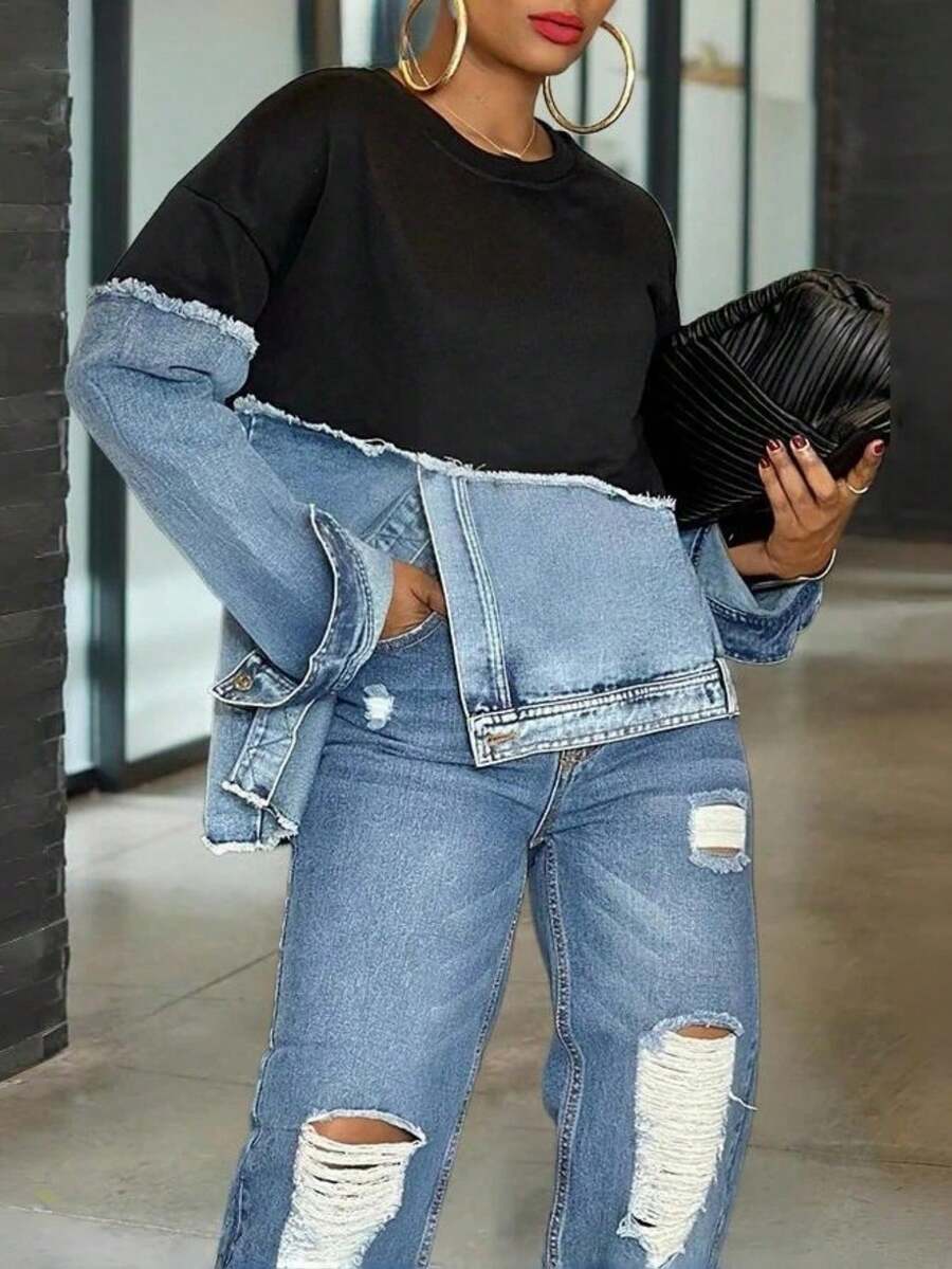 GLOURI Women's Black Denim Patchwork Sweatshirt - Long Sleeve Crewneck With Raw Edge Hem & Side Slits | Loose Fit Casual Top For Streetwear And Daily Outfits - 黑色 - 查看 1