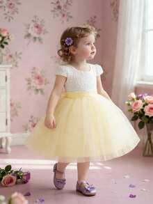 女婴连帽袖撞色蕾丝网纱蝴蝶结露背可爱生日派对连衣裙，适合花童、婚礼等场合，不含头饰 - 香檳色 - 查看 5