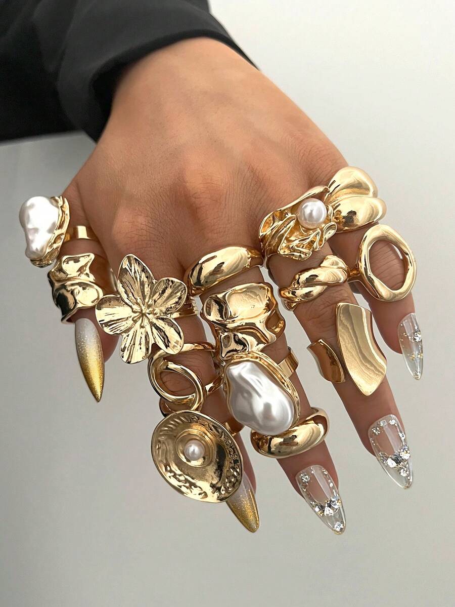 14/7/3pcs Vintage Elegant Exaggerated Coin-Inspired Women Metal Rings, Containing Floral, Asymmetric, Pearl, Pleated, Wide, Hollow, Asymmetrical Geometric Multi-Elements Open Design, Suitable For Daily, Party, Wedding, Holiday Wear, Gift - Gold - View 1