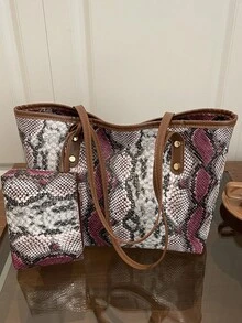 时尚简约大容量手提包，新款时尚蛇纹质感手提包，带小肩包 - 紫色 - 查看 8