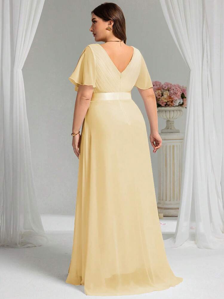 EVERPRETTY Plus Size Elegant V-Neck Ruched Formal Bridesmaid Dress, Yellow, Suitable For Spring/Summer Wedding Guests, Wedding Parties Party - Yellow - View 2