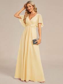 EVERPRETTY Elegant V-Neck Embroidered Ruffle Sleeve Pleated Chiffon Bridesmaid Dress, Formal Dress, Wedding Guest Dress Spring - Yellow - View 6