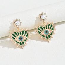 1对绿色眼睛心形耳环，现代休闲度假风耳环，女士款 - 彩色 - 查看 1