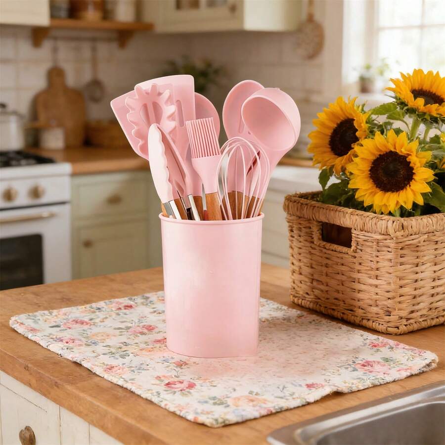 Kitchen Utensils Sets, 12Pcs Silicone Cooking Utensils Sets Include Utensil Holders, Nonstick Non Scratch Cookware Kitchen Tool With Wooden Handle - Pink - View 1