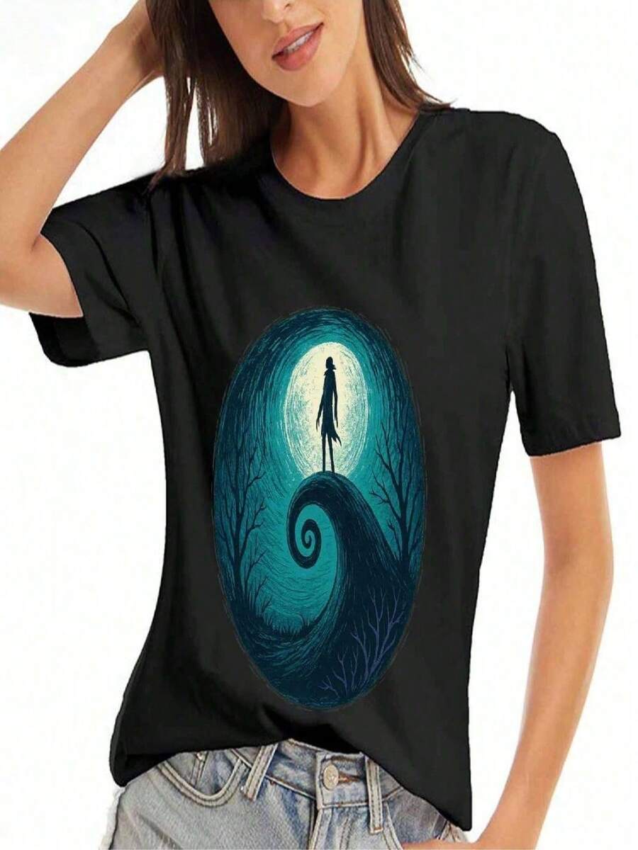 Nightmare Before Christmas Jack Sally Women's Cotton TShirt, Pure Cotton HighQuality Print, Durable And Longlasting, Casual And Fashionable - 黑色 - 查看 1