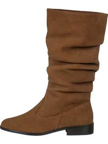GiGiL Women's Mid-Calf Boot With Wrinkled, Gathered, Pleated Suede Detail, Low Heel, Round Toe - Camel - View 4