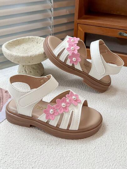 1 par de sandalias de playa con decoración de flor de perla, estilo lindo y punta abierta, para niñas, adecuadas para la playa, viajes, fotografía, escuela, interior