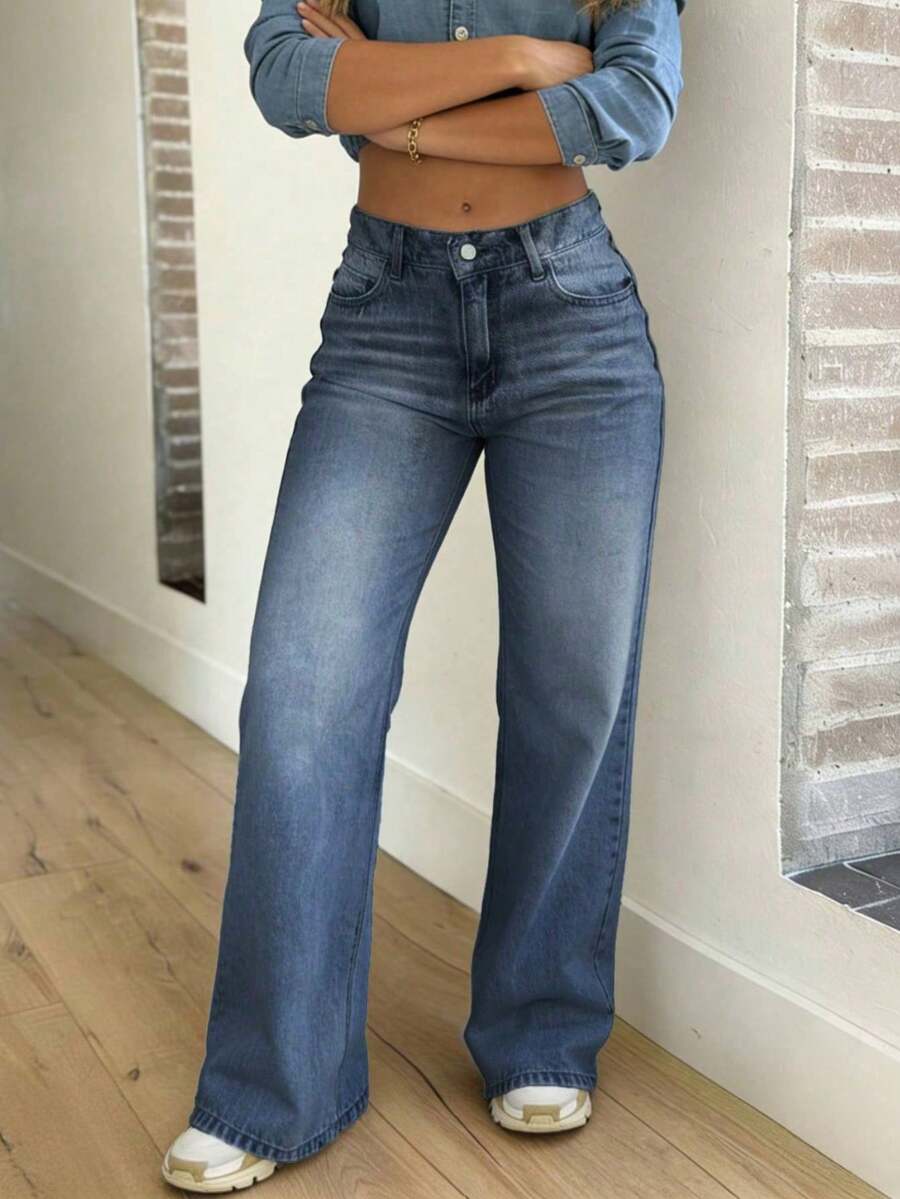 Quần jeans nữ dáng suông ôm vừa vặn, đa năng, thích hợp mặc thường ngày. - Rửa tối - Xem 1