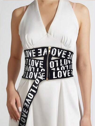 1pc Women's Edgy Street Style White Letter Criss-Cross Adjustable Zipper Waist Belt, Fashionable Wide Waist Cincher Suitable For Accessorizing Outfits, Commuting, Street Photography Or Casual Wear