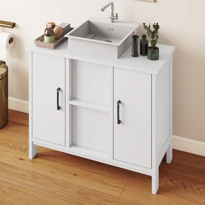 BALCONERA 70cm White Under Sink Bathroom Storage Cabinet, Floorstanding Bathroom Vanity With 2 Doors & Shelf, Sink Storage Cupboard For Bathroom, Apartment & Rental Units