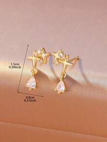 Hihho 1 Pair Gold & Silver Dual Shooting Star Zirconia Stud Earrings + Water Drop Pendant, Create Unique Dreamy Vibe And Elevate Outfit Quality - Meteor - View 6