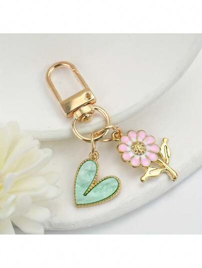 1pc Minimalist Fashionable Pink Chrysanthemum Heart Keychain, Suitable For Men's Apparel Accessories, Students, Couples, Women's Bags, Zinc Alloy DIY Phone Cases, Heart Pendant, Memorable Gift For Friends