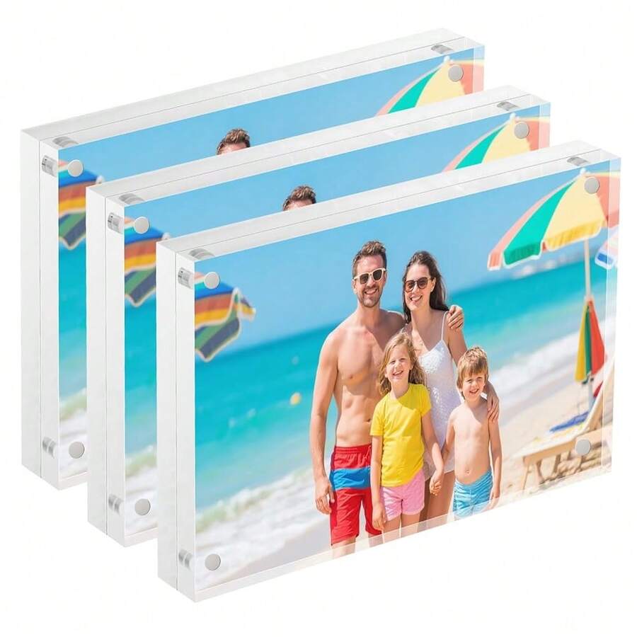 Acrylic Picture Frames 3 Pack, 20% Thicker 20mm Clear Lucite Frameless Block, Double-Sided Freestanding Magnetic Photo Display, UV-Resistant Transparent Desktop Frame For Home, Office And Gifts - 5*7(3包裝) - 查看 1