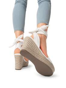 Womens Open Toe Espadrilles Wedges Tie Lace Up Cute Ankle Strap Platform Sandals Dressy Shoes - trắng - Xem 9
