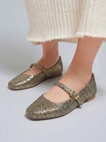 Women's Square Toe Glitter Old Gold Pumps - Shine, Party, Comfortable, Stylish - Gold - View 2