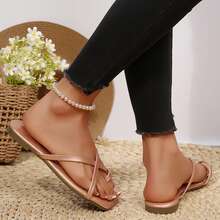 Flat Shoes For Women Summer Sandals Slides Square Open Toe Casual Lightweight Comfortable Outdoor Beach Fashionable Slippers Flip Flops - 玫瑰金 - 查看 9