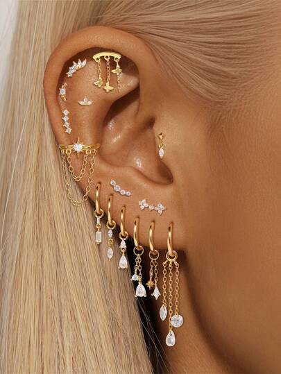 EleRunis 1 pieza Pendiente de plata de ley 925 con estrella de ocho puntas, diseño irregular de parte trasera plana para cartílago y hélice, joyería fina, accesorios de perforación, cadena colgante para uso diario, boda, fiesta, compromiso, aniversario y Día de San Valentín