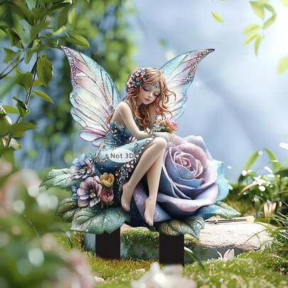 仙女花园插牌，2D亚克力玫瑰仙女装饰，奇趣户外庭院艺术品，防水花园装饰品，适用于露台、草坪、花坛，送给园丁的魔法礼物