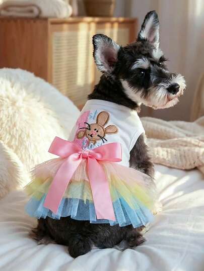 PETCIRCLE 1pc Pet Dog Clothes, Outdoor & Indoor Apparel For Small Dogs, Pomeranian, Teddy, Casual & Fashionable, Cute & Romantic, Wedding Dress, Rainbow Bunny Easter Tutu Skirt