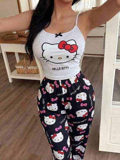 Sanrio 2pcs Women Cute Printed Pajama Set, Camisole & Shorts, Comfortable Loungewear For Spring/Summer/Autumn