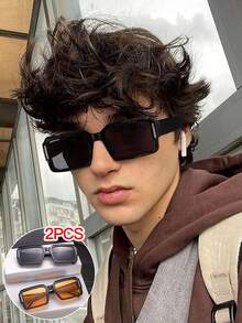 两副男士厚框方形时尚眼镜，黑色镜框，有色亚克力镜片，时尚眼镜，附赠眼镜盒 - 彩色 - 查看 11