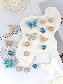 20pcs Blue & Gold Butterfly, Heart Shaped Shoe Charms, Rhinestone + Pearl Material, Luxury Sweet & Cool Style, Suitable For Hollow Out Clogs - Blue and Gold Butterfly Set - View 6