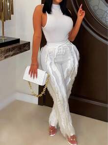 CALEBGAR Sleeveless High Neck Knitted Fringe Party Tunic Top And Pants Two Piece Outfit For Women - trắng - Xem 3