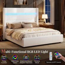 Corduroy Upholstered Storage Bed Frame With Wingback Headboard, LED Platform Bed With Charging Station - 白色 - 查看 6