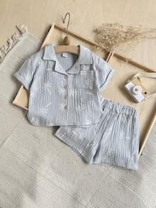 2pcs/Set Baby Boy Coconut Tree Print Cotton Shirt + Shorts Set, Spring/Summer - Dusty Blue - View 5