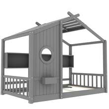 TWIN SIZE FLOOR BED FRAME FOR TODDLER MONTESSORI HOUSE BED WITH ROOF DESIGN STORAGE SHELF PLAYHOUSE BED WHITE PERFECT KIDS BED FOR BOYS AND GIRLS TODDLER BED IDEAL CHILD'S BED - Grey - View 6