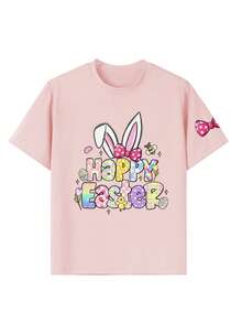 少女休闲趣味印花圆领短袖T恤，夏季上衣 - 粉色 - 查看 4