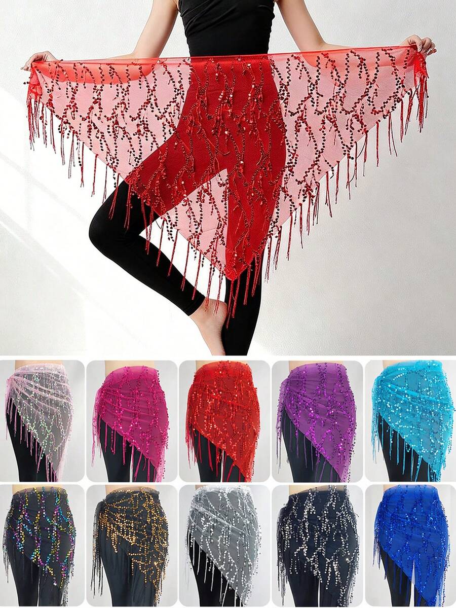 1件女士肚皮舞裙，裙摆饰有硬币，舞蹈表演服，亮片舞台服装；1条女士肚皮舞臀巾，饰有银/金币 - 彩色 - 查看 1