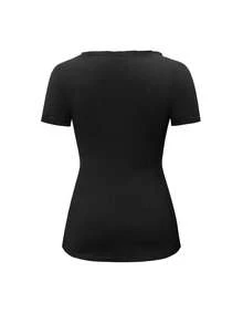 Áo thun nữ tay ngắn cổ chữ V bèo nhún phong cách Y2K Sunny Girly, kiểu dáng gợi cảm, phù hợp cho dạo phố, công sở, mặc thường ngày và ở nhà, màu đen, thích hợp cho mùa hè. - màu đen - Xem 4