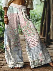 2026 Women's New Arrival Pink & Blue  Printed Patchwork Floral Plaid Pastoral Style Wide-Leg Elastic Waist Casual Pants - Nhiều màu - Xem 3