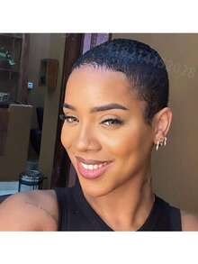 4英寸精灵短假发，带刘海，直发，巴西原生发，150%密度，层次感短假发，易于佩戴，无需胶水，适合女性参加派对。 - 黑色 - 查看 9